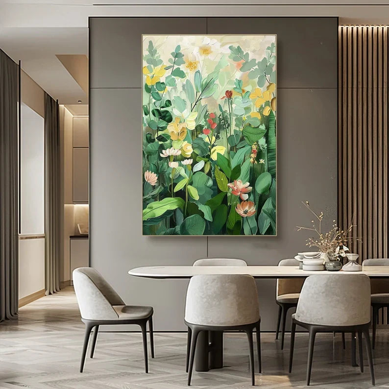 Vibrant Green Floral Landscape Oil Painting for Modern Home Decor