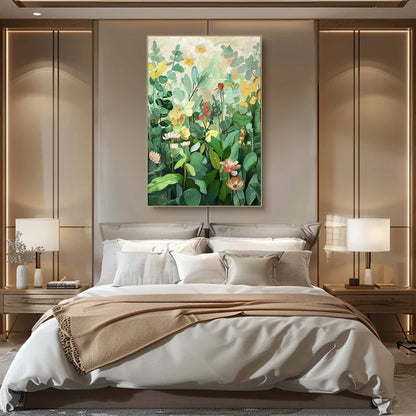 Vibrant Green Floral Landscape Oil Painting for Modern Home Decor