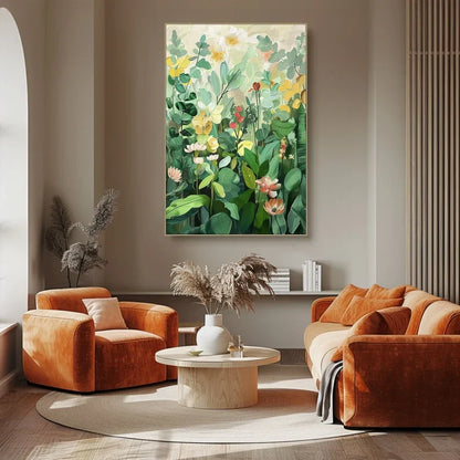 Vibrant Green Floral Landscape Oil Painting for Modern Home Decor