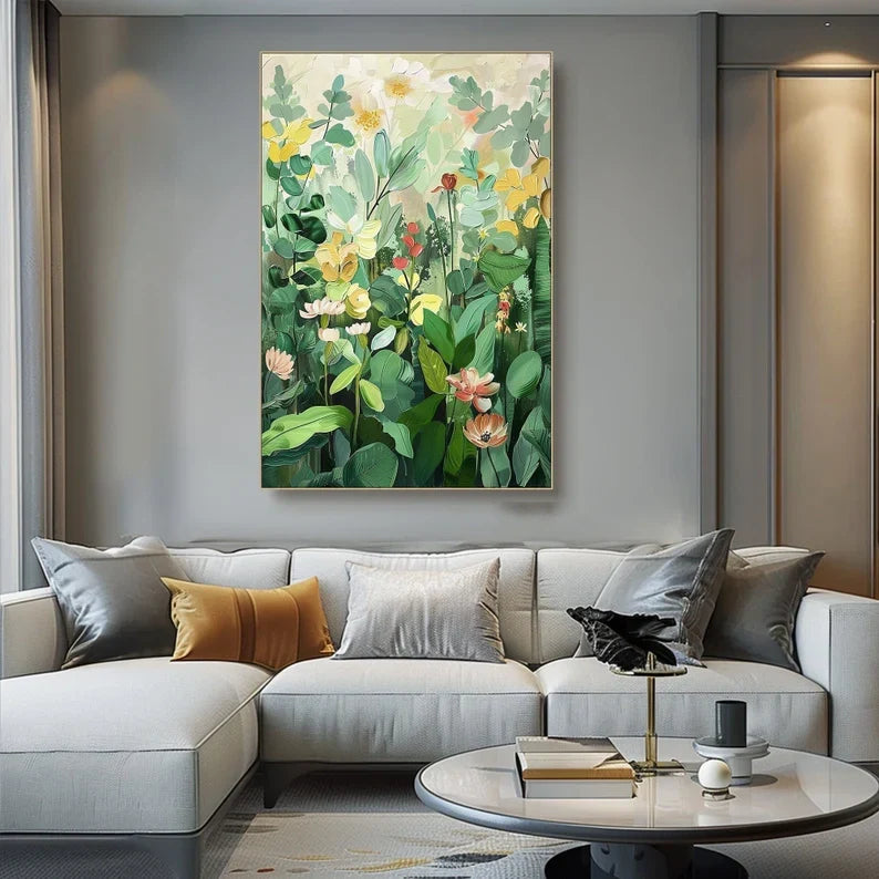 Vibrant Green Floral Landscape Oil Painting for Modern Home Decor