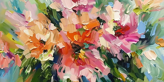 Vibrant Abstract Floral Oil Painting with Colorful Impressionist Brushstrokes