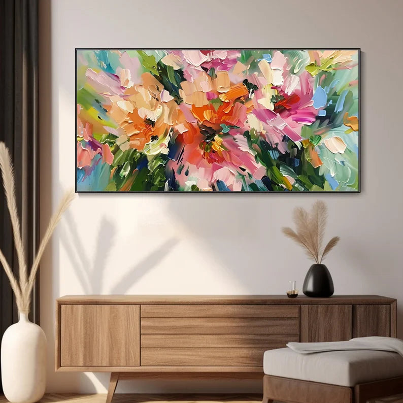 Vibrant Abstract Floral Oil Painting with Colorful Impressionist Brushstrokes