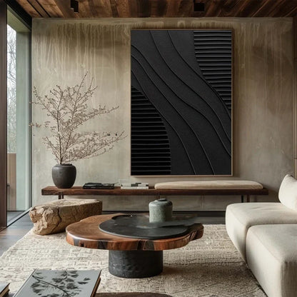 Elegant Black Wabi Sabi Oil Painting for Modern Minimalist Home Decor