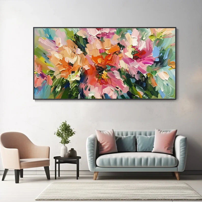Vibrant Abstract Floral Oil Painting with Colorful Impressionist Brushstrokes