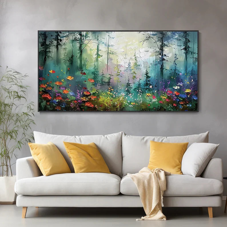 Vibrant Forest Oil Painting with Colorful Flowers for Home Décor