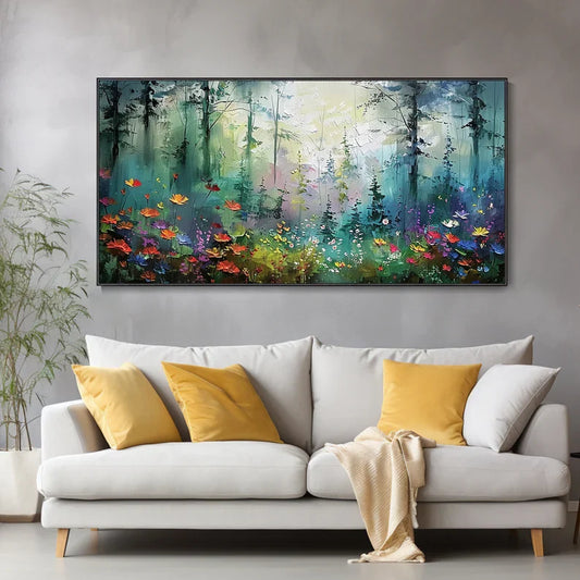 Vibrant Forest Oil Painting with Colorful Flowers for Home Décor