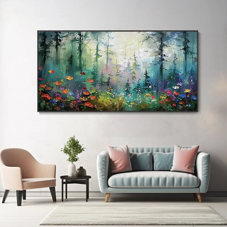Vibrant Forest Oil Painting with Colorful Flowers for Home Décor
