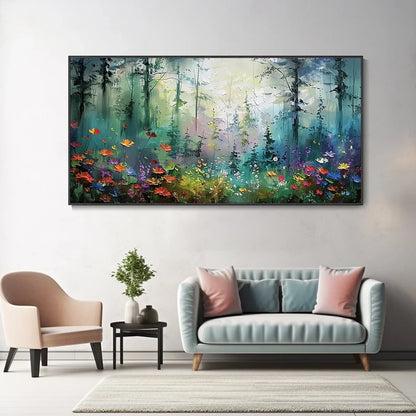 Vibrant Forest Oil Painting with Colorful Flowers for Home Décor