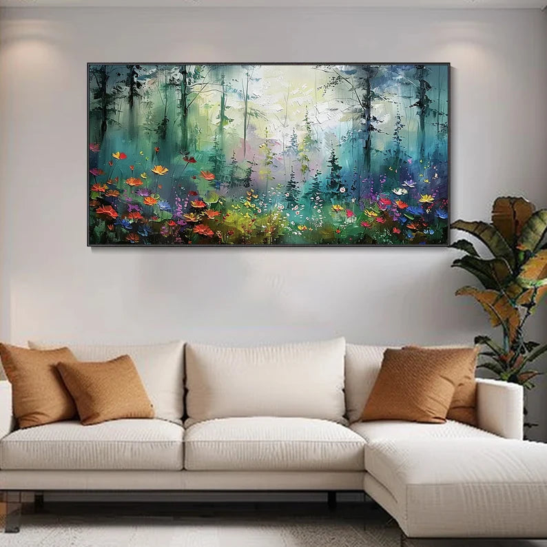 Vibrant Forest Oil Painting with Colorful Flowers for Home Décor