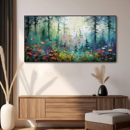 Vibrant Forest Oil Painting with Colorful Flowers for Home Décor