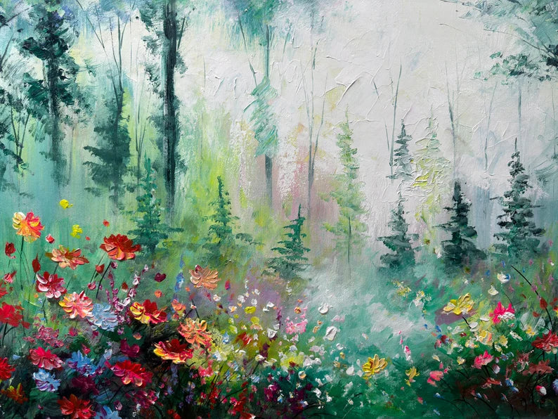Vibrant Forest Oil Painting with Colorful Flowers for Home Décor