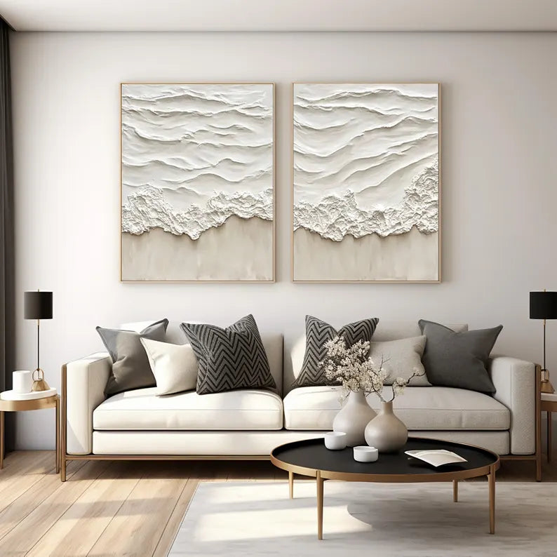 Beige Abstract Ocean Wave Oil Painting Pair for Modern Home Decor