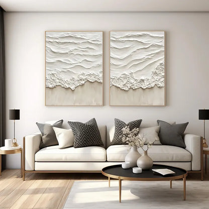 Beige Abstract Ocean Wave Oil Painting Pair for Modern Home Decor