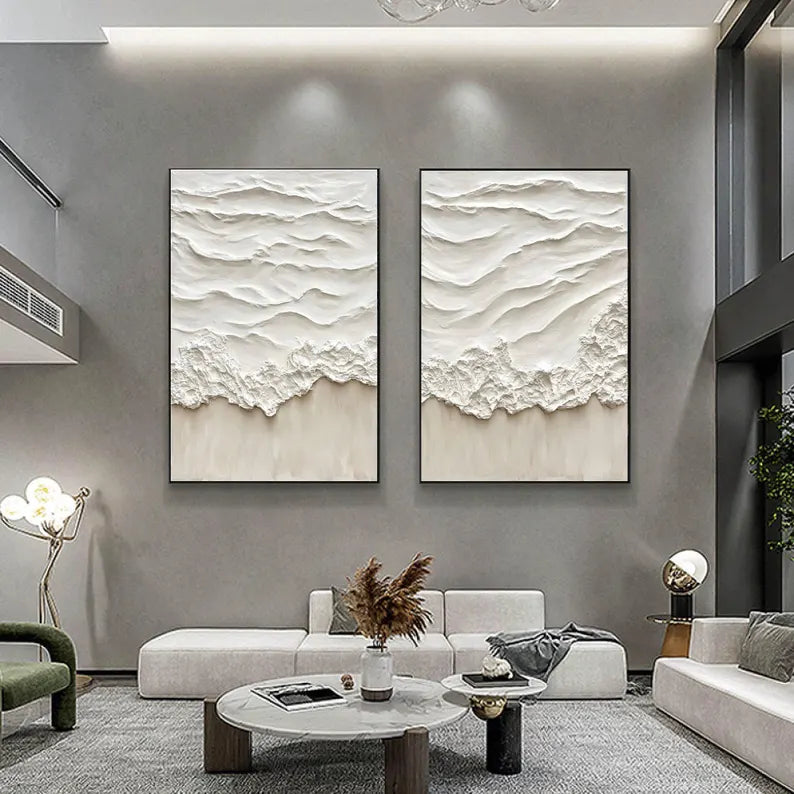 Beige Abstract Ocean Wave Oil Painting Pair for Modern Home Decor