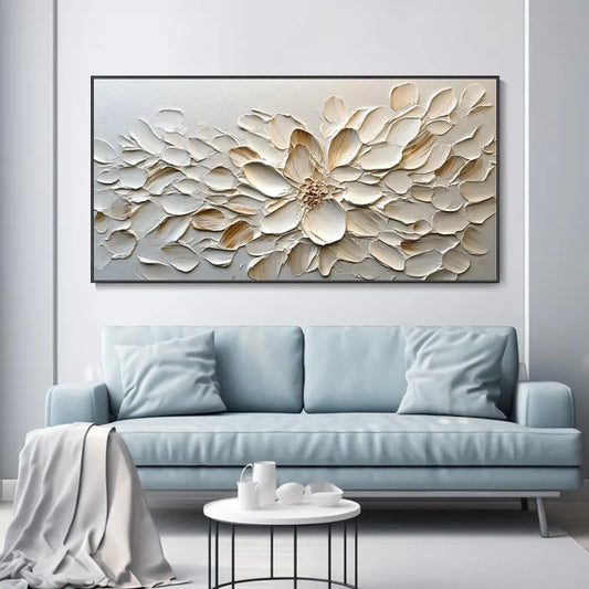 Elegant White Floral Oil Painting - Minimalist Wabi-Sabi Home Decor Art