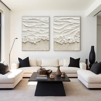 Beige Abstract Ocean Wave Oil Painting Pair for Modern Home Decor