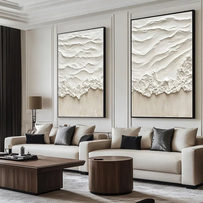 Beige Abstract Ocean Wave Oil Painting Pair for Modern Home Decor