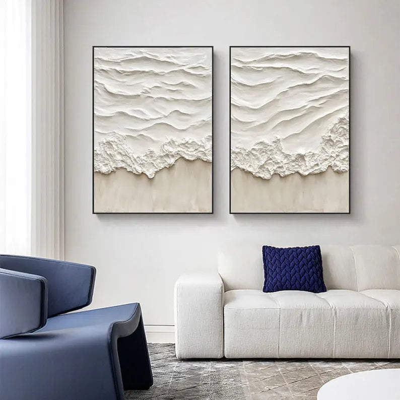 Beige Abstract Ocean Wave Oil Painting Pair for Modern Home Decor