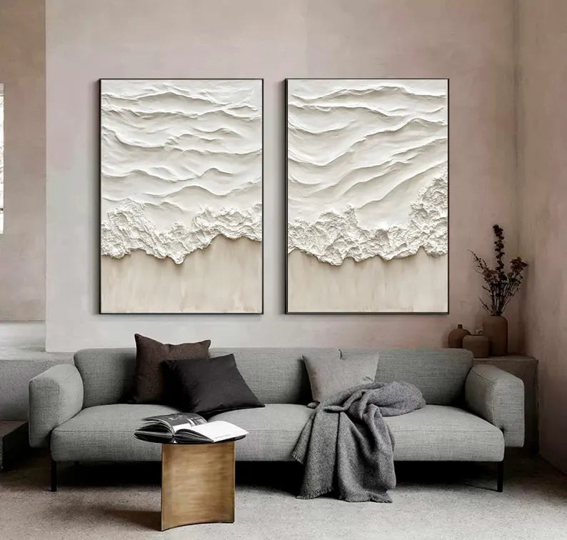 Beige Abstract Ocean Wave Oil Painting Pair for Modern Home Decor