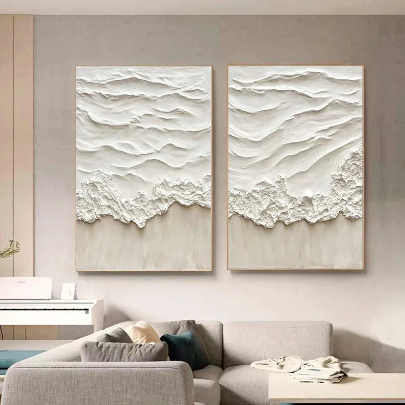 Beige Abstract Ocean Wave Oil Painting Pair for Modern Home Decor