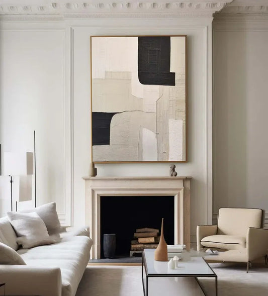 Modern Beige and Black Minimalist Oil Painting for Contemporary Home Decor