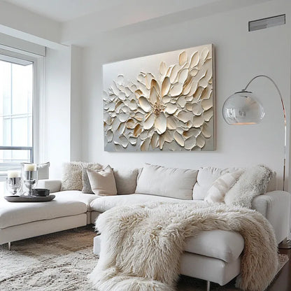 Elegant White Floral Oil Painting - Minimalist Wabi-Sabi Home Decor Art