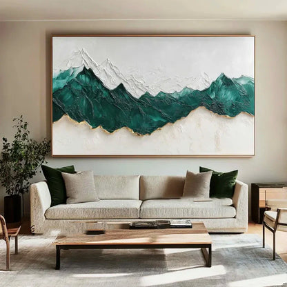 Stunning Abstract Mountain Oil Painting in Green and White Textured Landscape Artwork