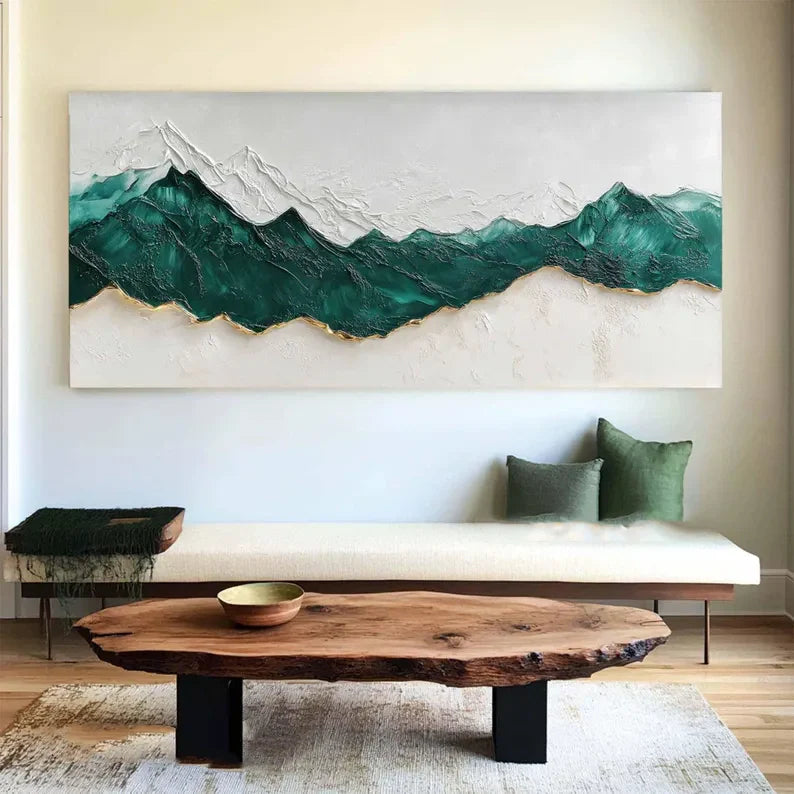 Stunning Abstract Mountain Oil Painting in Green and White Textured Landscape Artwork