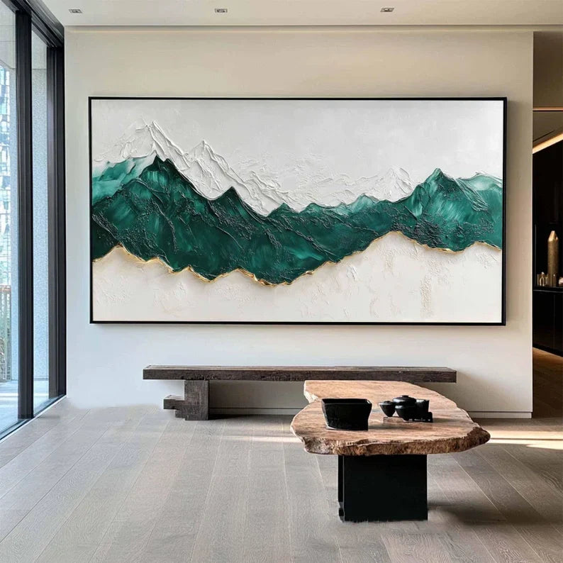 Stunning Abstract Mountain Oil Painting in Green and White Textured Landscape Artwork