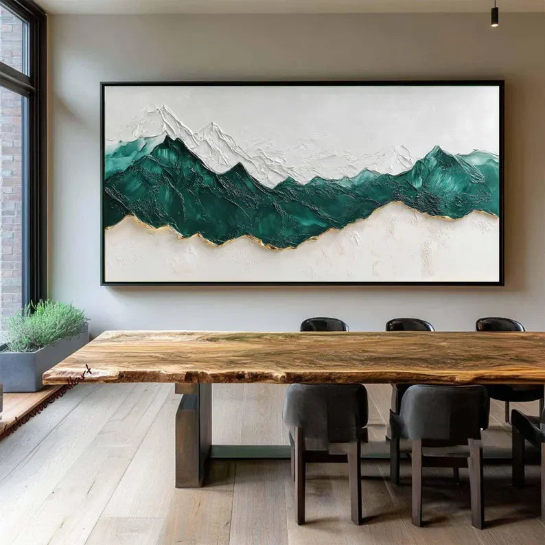 Stunning Abstract Mountain Oil Painting in Green and White Textured Landscape Artwork