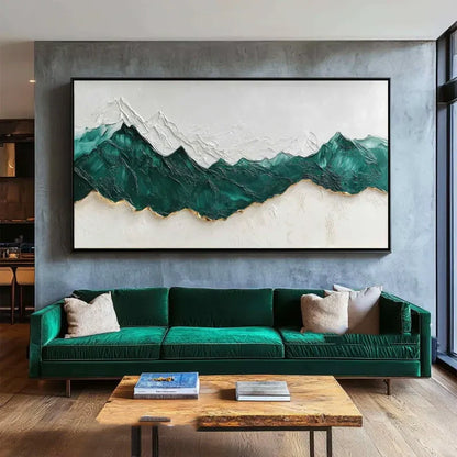 Stunning Abstract Mountain Oil Painting in Green and White Textured Landscape Artwork