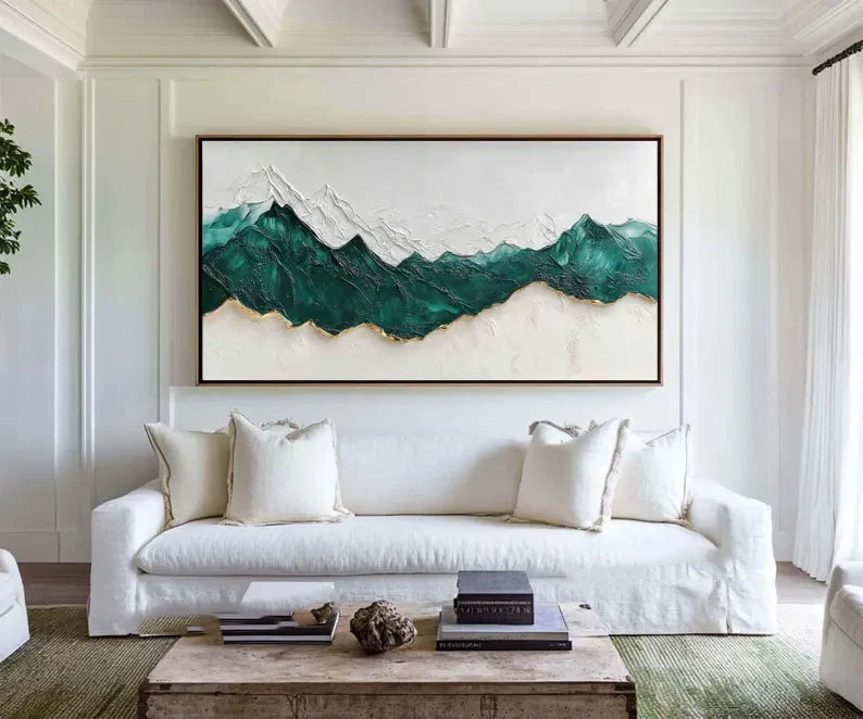 Stunning Abstract Mountain Oil Painting in Green and White Textured Landscape Artwork