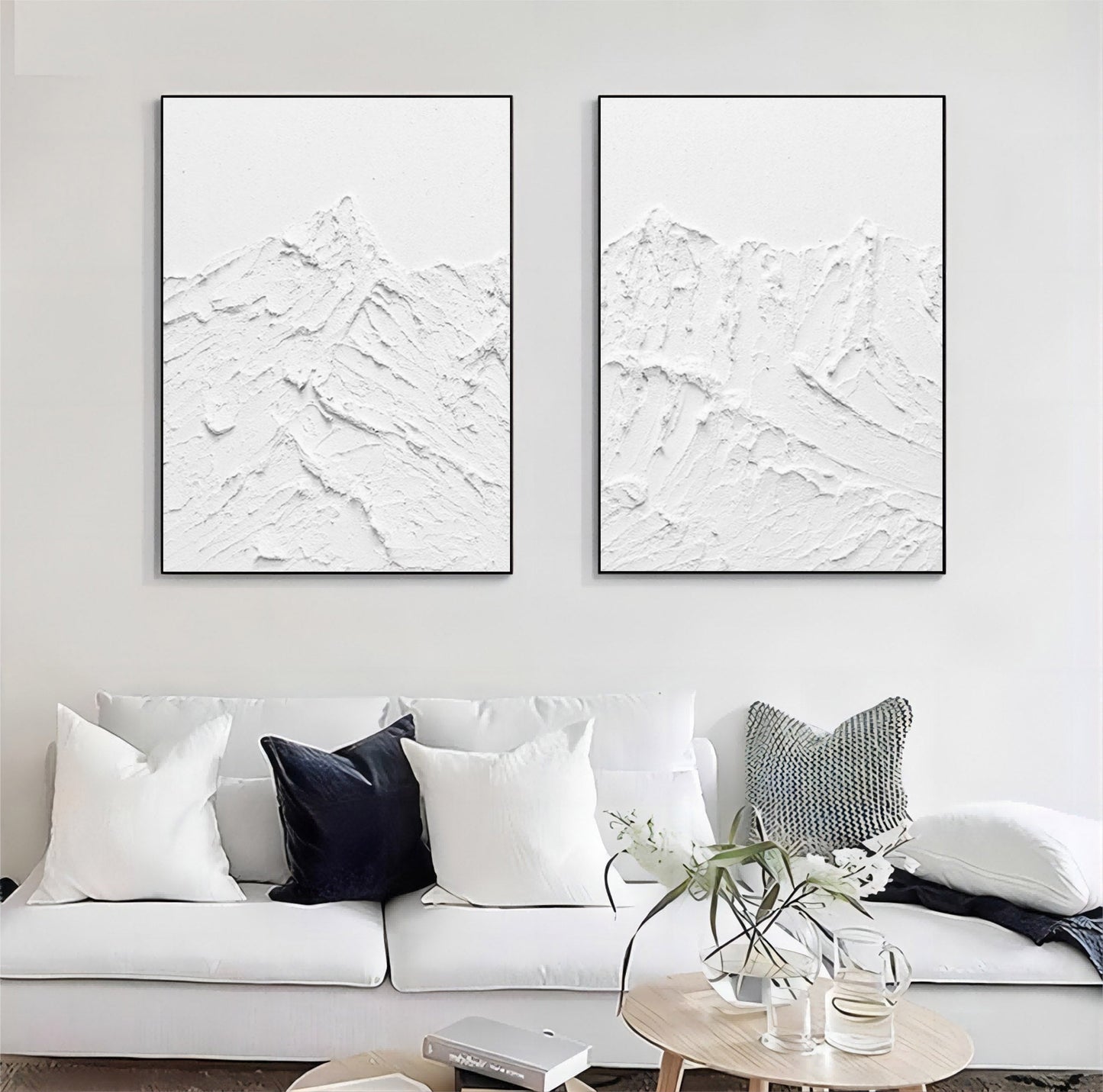 Textured White Abstract Mountain Art - Set of Two Oil Paintings for Contemporary Decor