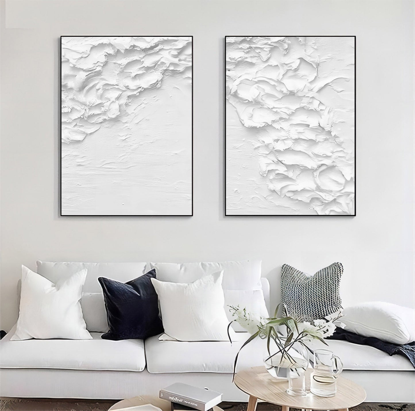 Modern Textured White Abstract Oil Painting Pair for Contemporary Decor