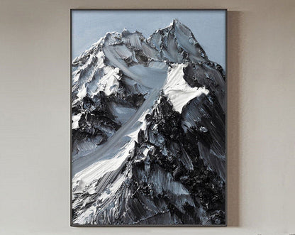 Majestic Mountain Peaks - Stunning Black and White Oil Painting for Modern Decor