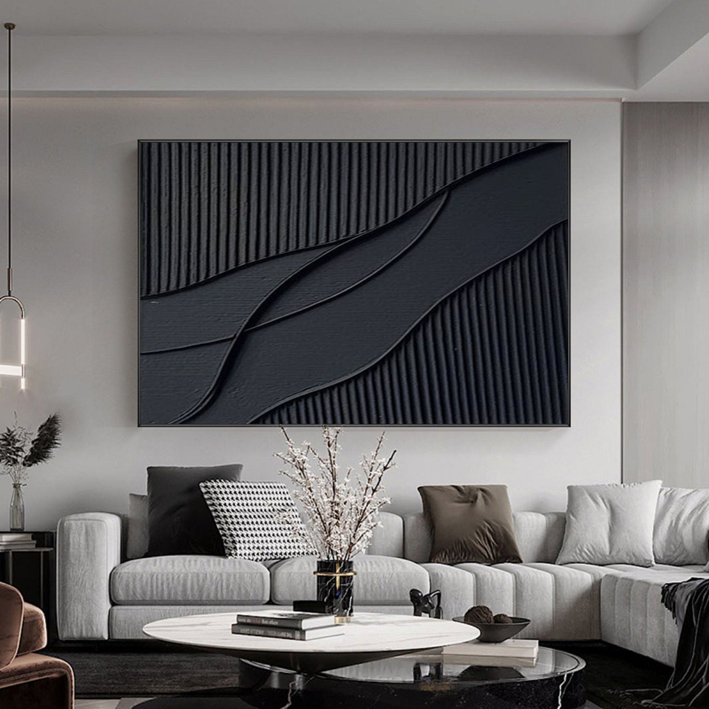 Sleek Black and White Abstract Oil Painting for Modern Home Décor