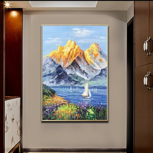 Majestic Golden Mountains with Serene Lake and Vibrant Flowers Oil Painting