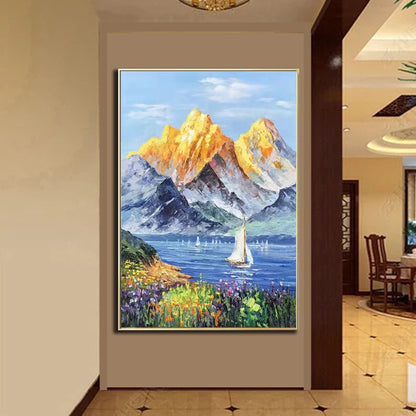 Majestic Golden Mountains with Serene Lake and Vibrant Flowers Oil Painting