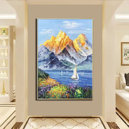 Majestic Golden Mountains with Serene Lake and Vibrant Flowers Oil Painting