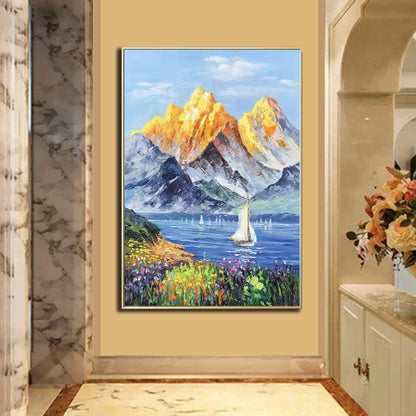 Majestic Golden Mountains with Serene Lake and Vibrant Flowers Oil Painting