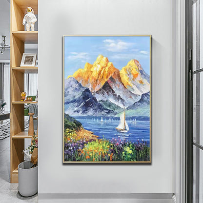 Majestic Golden Mountains with Serene Lake and Vibrant Flowers Oil Painting