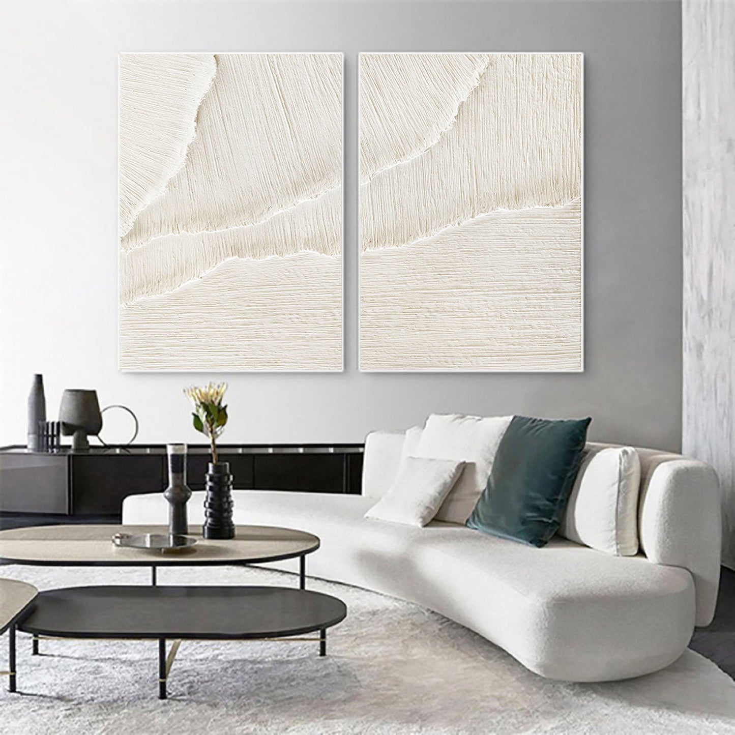Elegant White Beige Minimalist Abstract Oil Paintings for Modern Decor