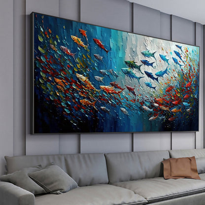 Vibrant Abstract Oil Painting with Colorful Fish in Blue and Green Tones