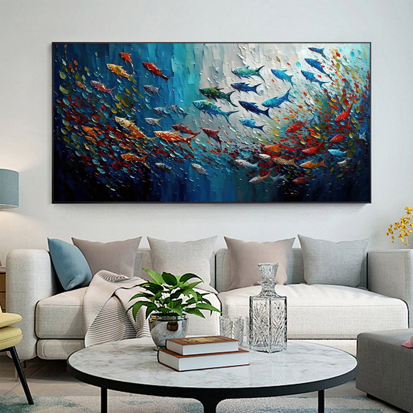 Vibrant Abstract Oil Painting with Colorful Fish in Blue and Green Tones