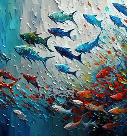 Vibrant Abstract Oil Painting with Colorful Fish in Blue and Green Tones