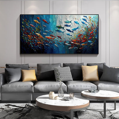 Vibrant Abstract Oil Painting with Colorful Fish in Blue and Green Tones