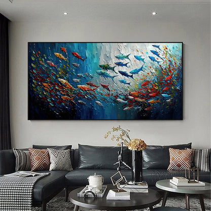 Vibrant Abstract Oil Painting with Colorful Fish in Blue and Green Tones