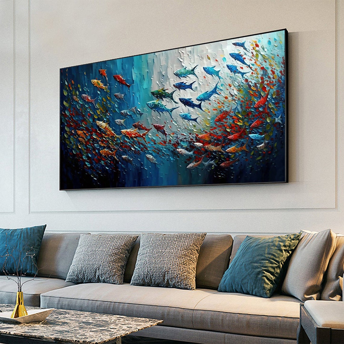 Vibrant Abstract Oil Painting with Colorful Fish in Blue and Green Tones