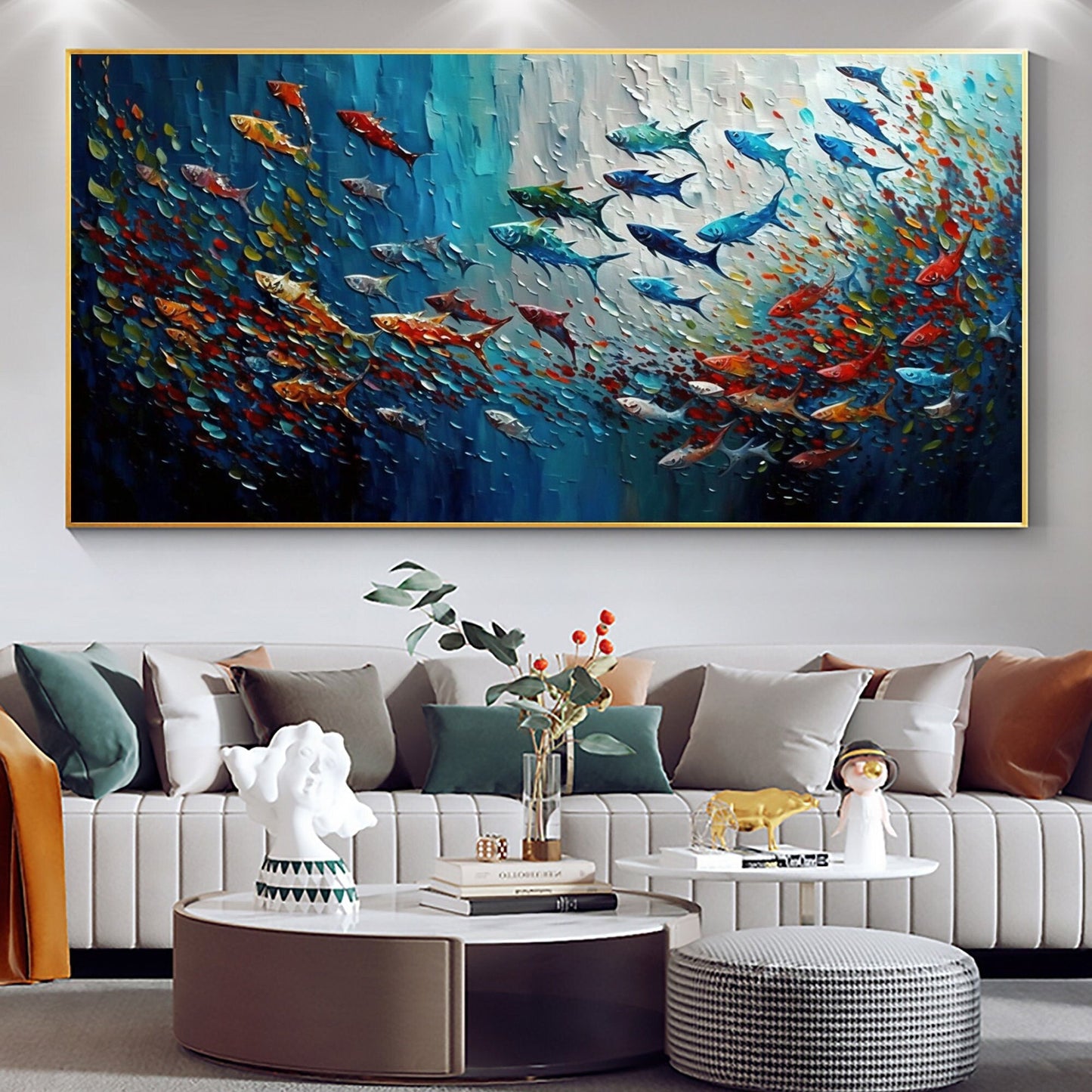 Vibrant Abstract Oil Painting with Colorful Fish in Blue and Green Tones