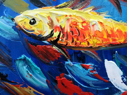 Vibrant Abstract Oil Painting with Colorful Fish in Blue and Green Tones